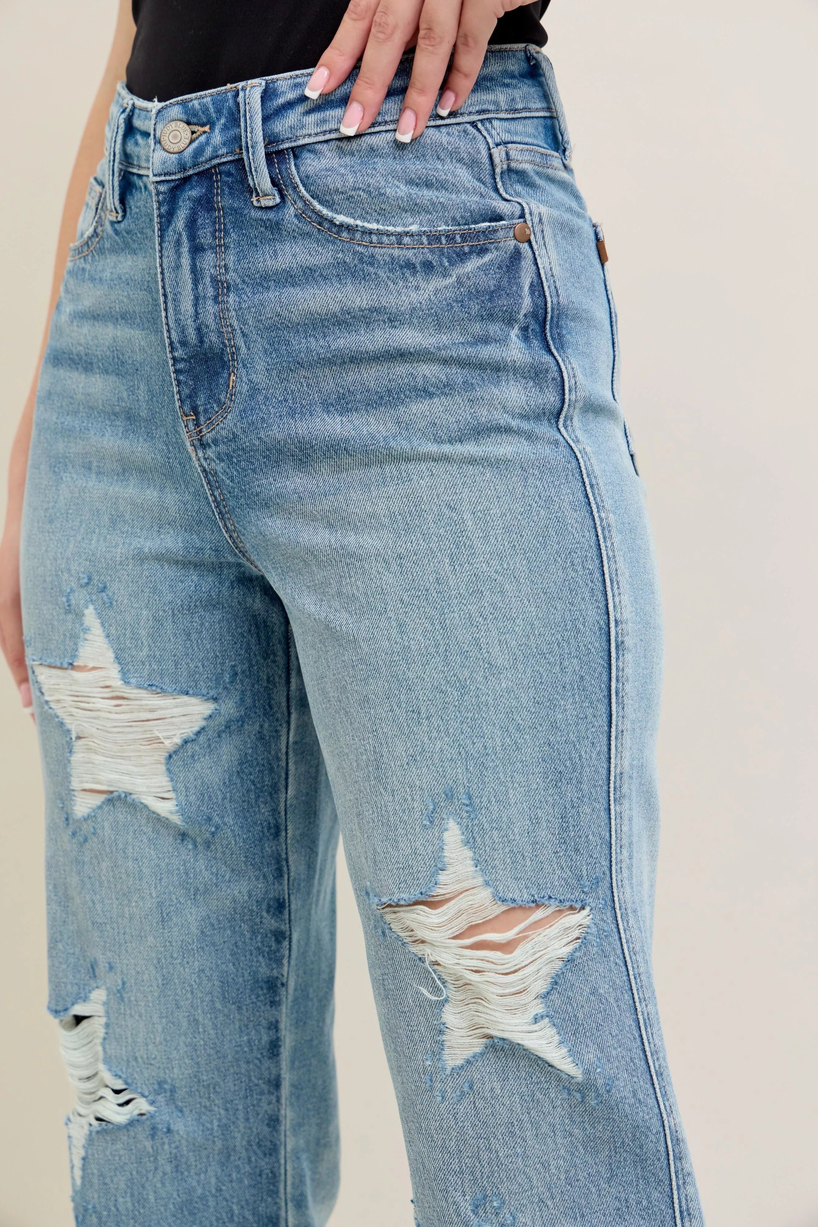 Judy Blue High Waist Rigid Magic Star Shaped Destroyed 90's Straight Jeans