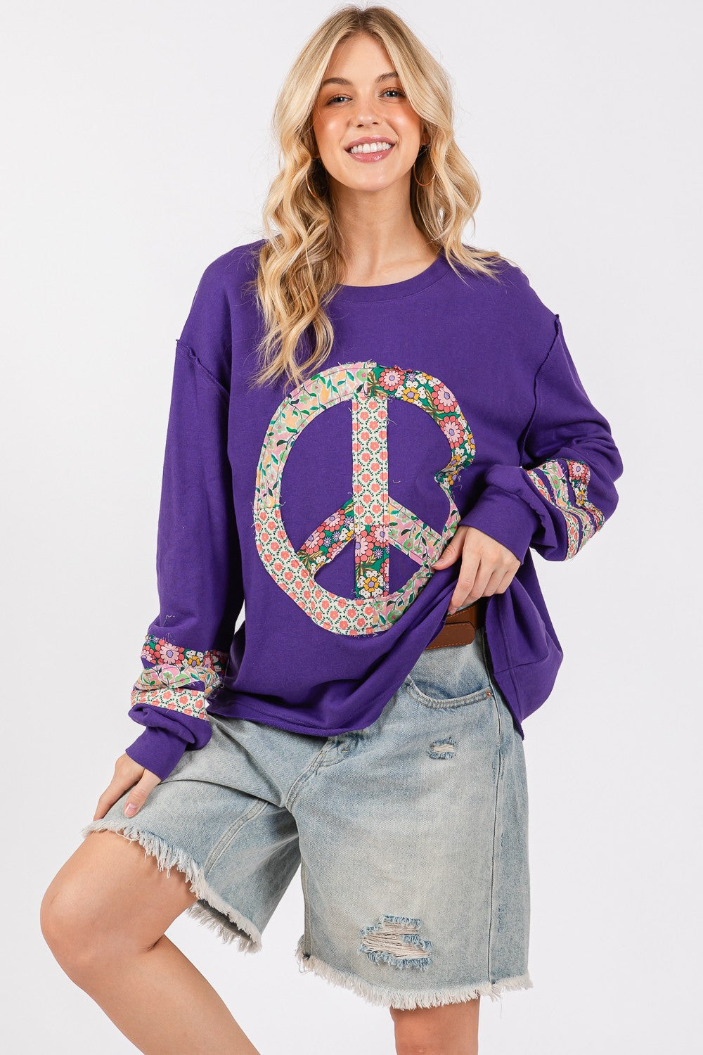 SAGE+FIG Peace Applique Patch Long Sleeve Top Blueberry Shirts & Tops