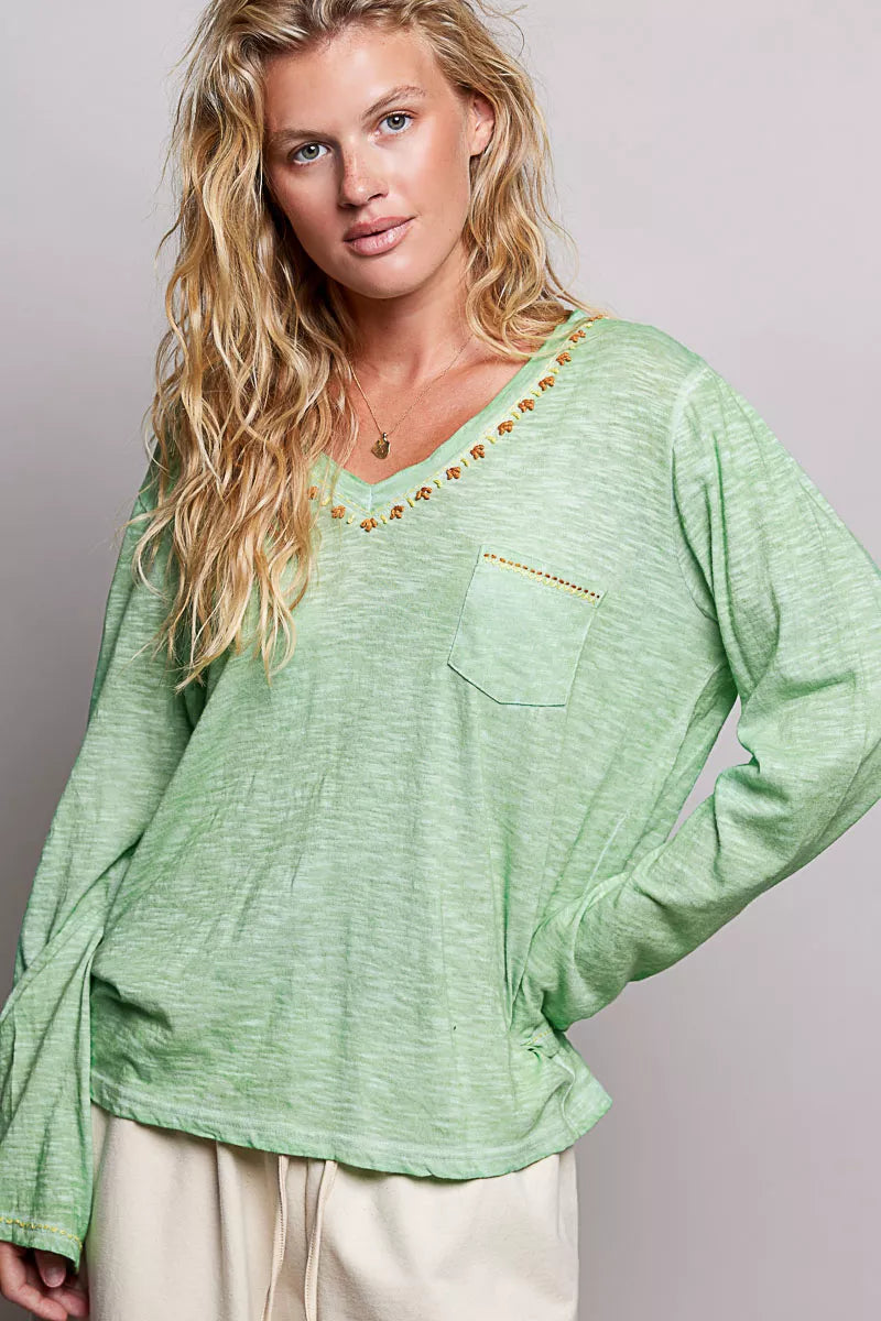 POL V-Neck Contrast Stitch Lightweight Knit Long Sleeve Top GREEN