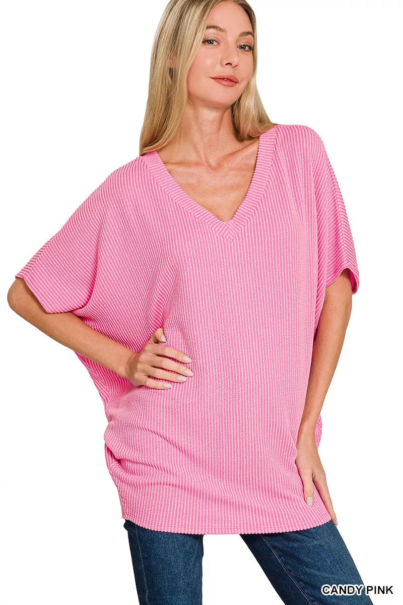 Zenana Candy Pink Raised Rib V-Neck Batwing Top CANDY PINK