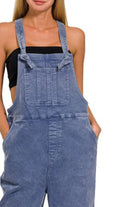 Zenana Blackberry Washed Knot Strap Relaxed Fit Overalls