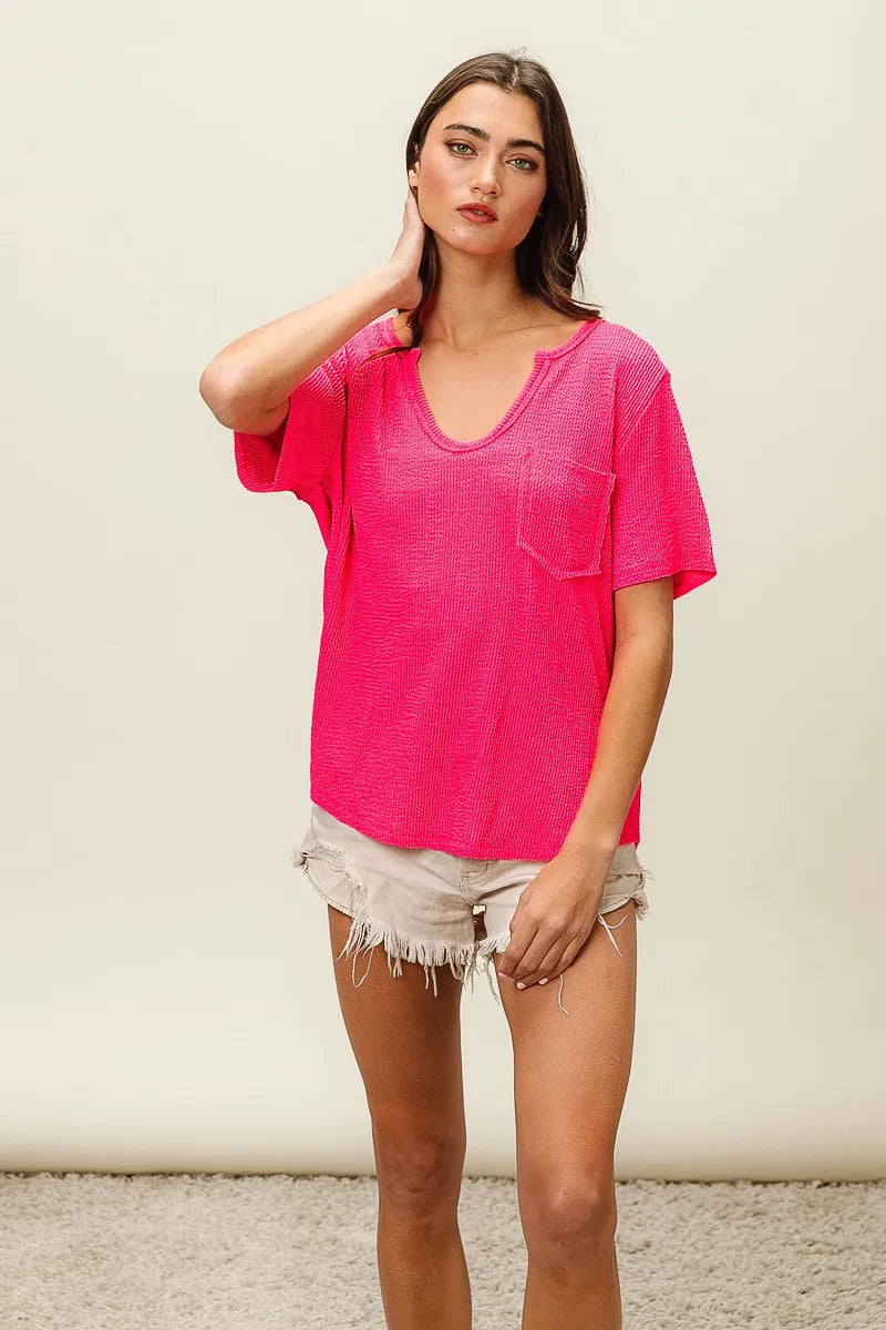 BiBi Fuchsia Waved Rib U Neck Top With Front Pocket