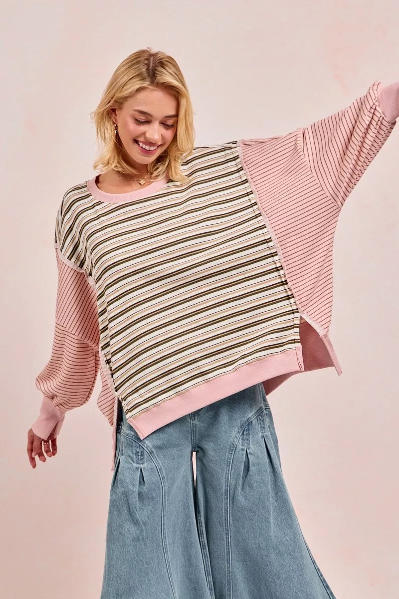 BiBi Oatmeal & Pink Stripe Mixed Top With Cut Edge And Reverse Outseams OATMEAL PINK