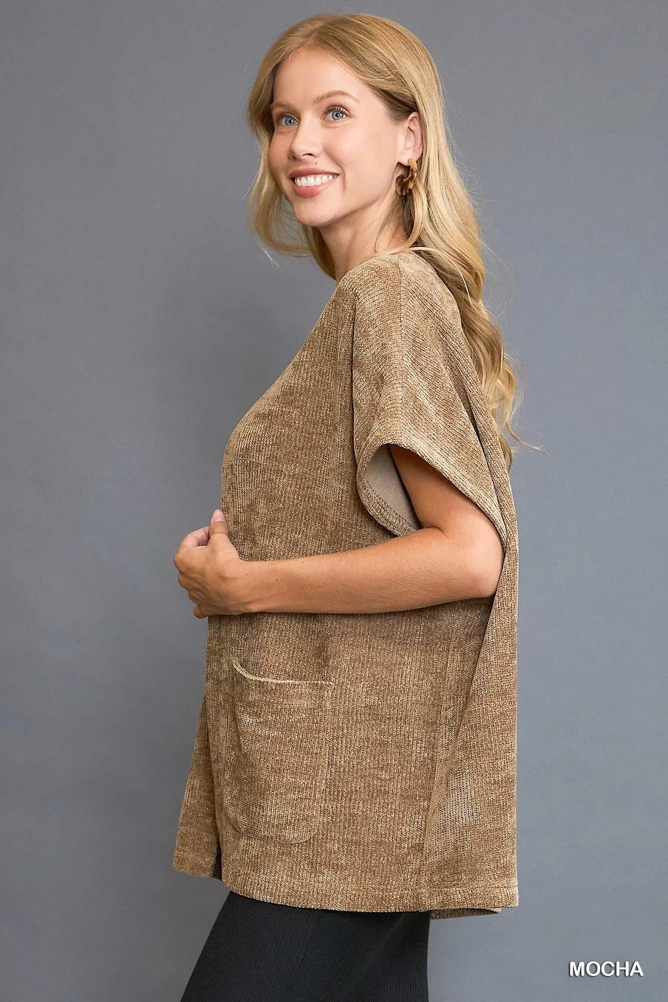 Umgee Mocha Open Front Knit Cardigan with Front Pockets