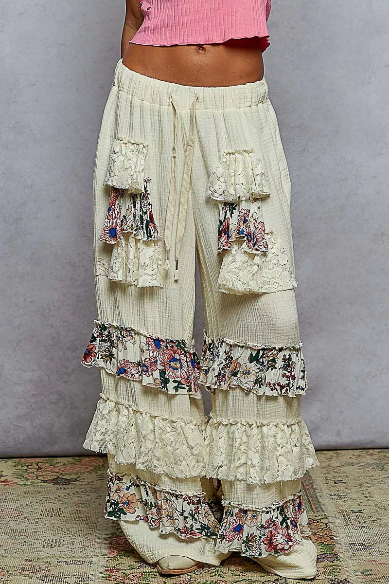 POL Drawstring Double Gauze Wide Leg Pants with Print and Lace Ruffle NATURAL