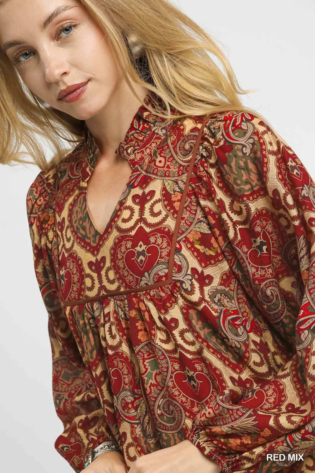 Umgee Red Mix Boho Mix Paisley Babydoll Dress