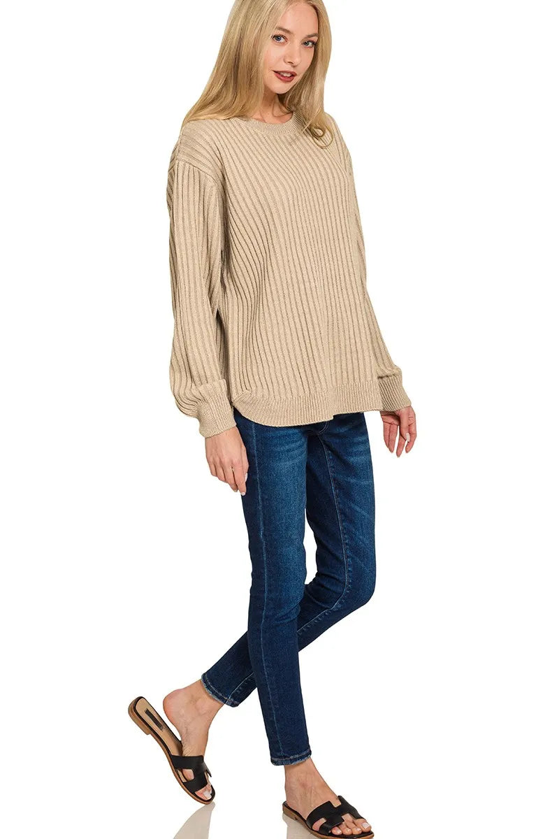 Zenana Light Mocha Curved Hem Two-Tone Ribbed Sweater