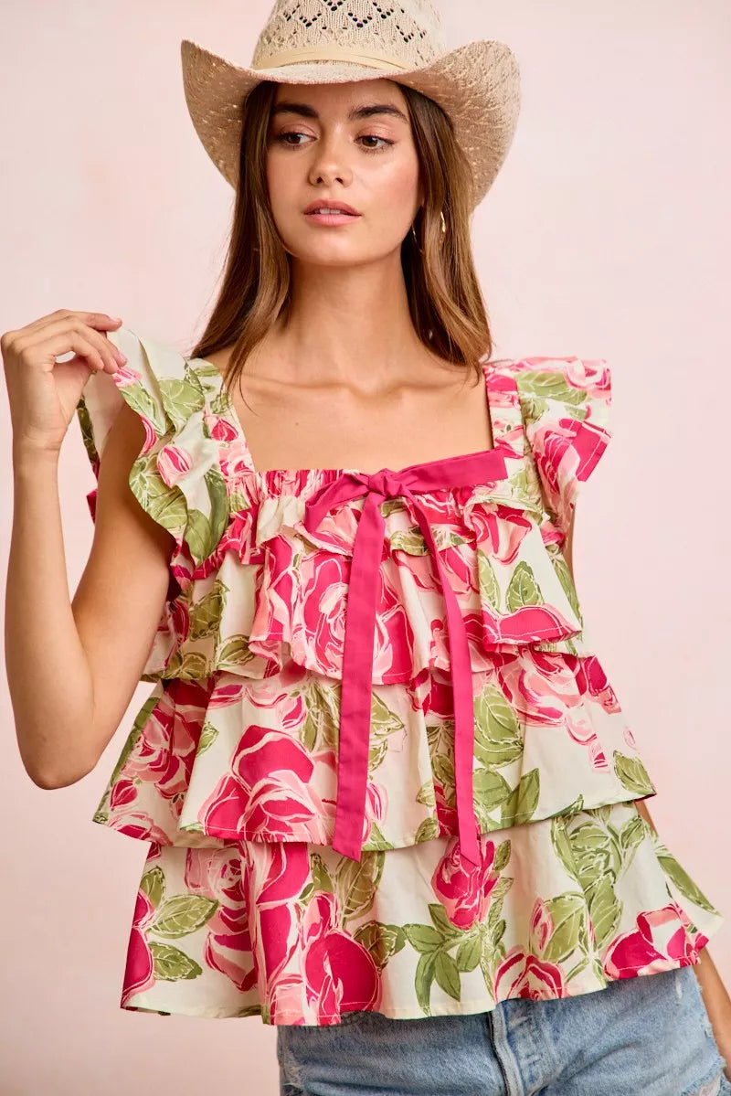 BiBi Floral Print Woven Bow Tie Ruffle Square Neck Top Floral