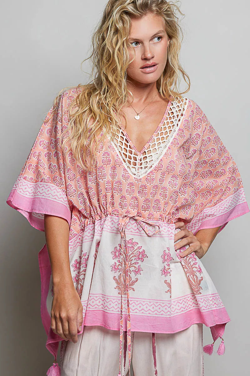 POL Block Print Floral Tie Front Boho Blouse PINK MULTI