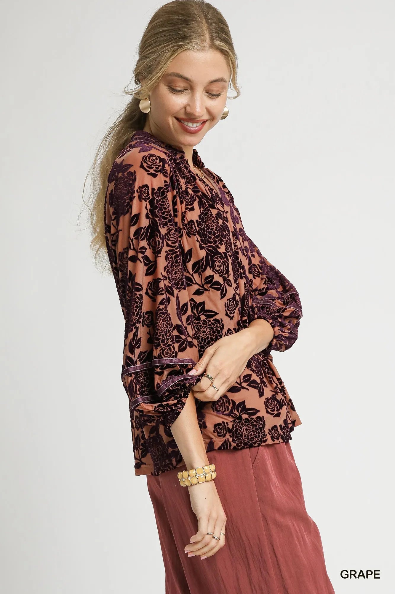 Umgee Grape Floral Velvet Burnout Blouse with Balloon Sleeves