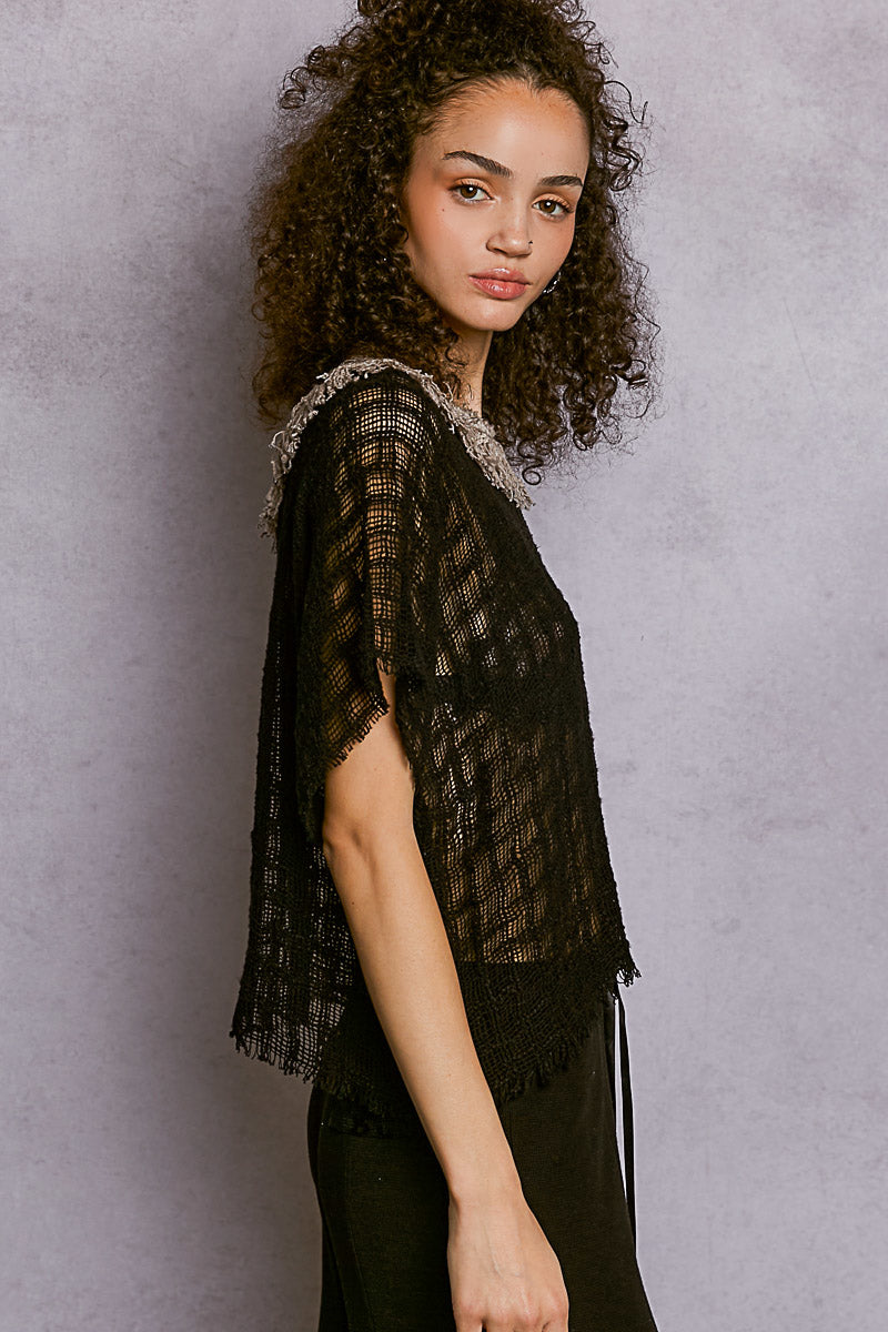 POL Black Textured Raw Hem Round Neck Short Sleeve Top