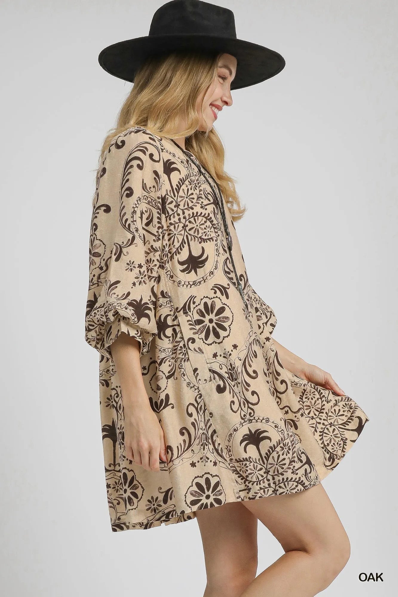 Umgee Oak Boho Printed Balloon Sleeve Mini Dress