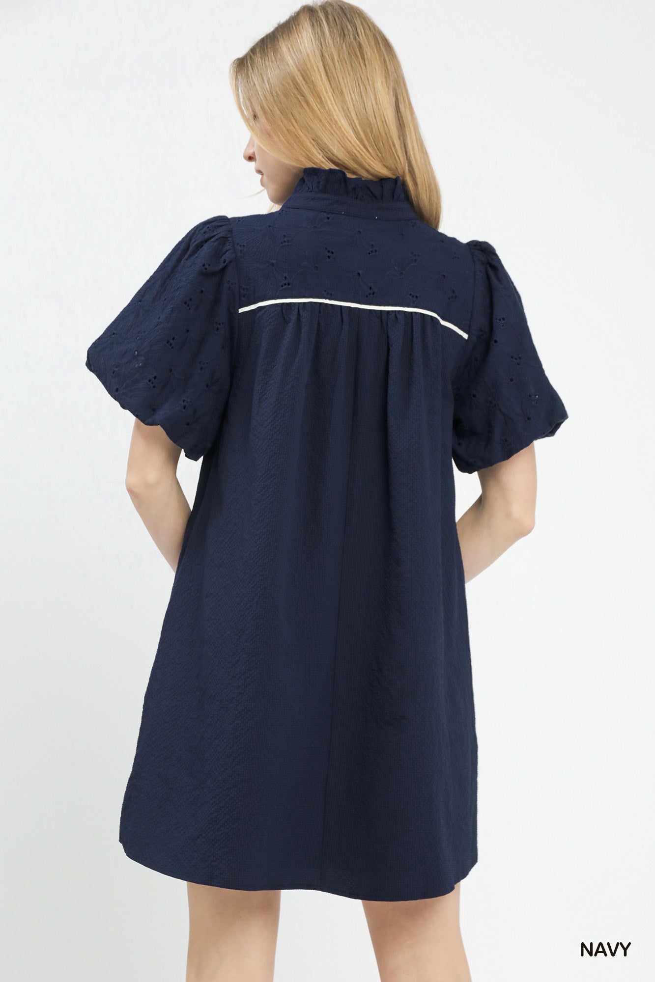 Umgee Navy Puff Sleeve Textured Babydoll Dress