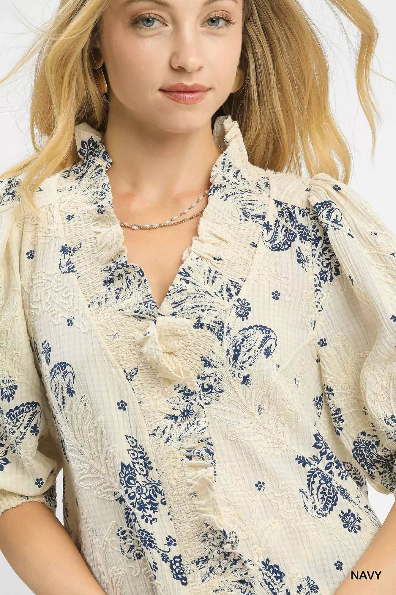 Umgee Navy Floral Embroidered Blouse with Ruffle Trim