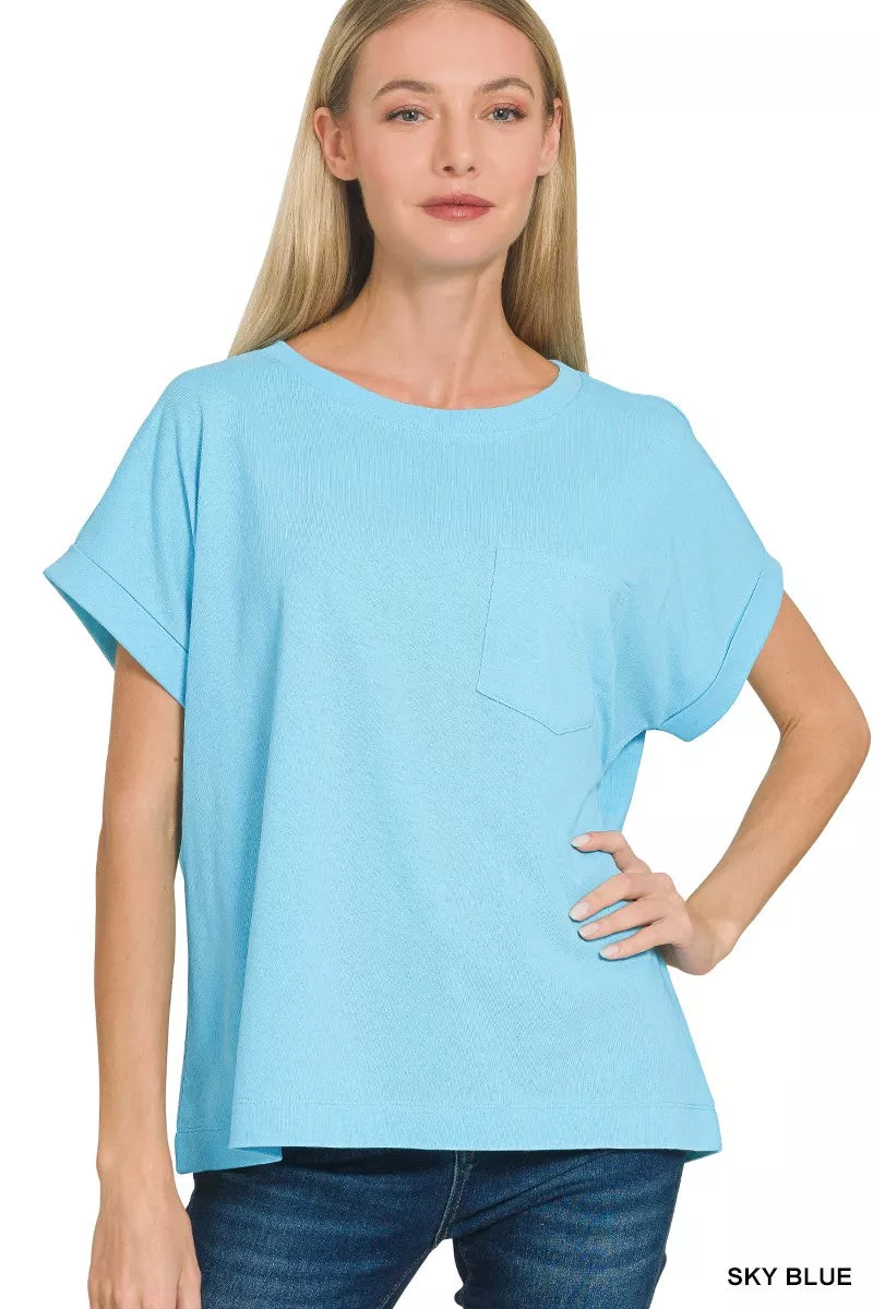 Zenana Sky Blue Cuffed Front Pocket Short Sleeve Tee SKY BLUE