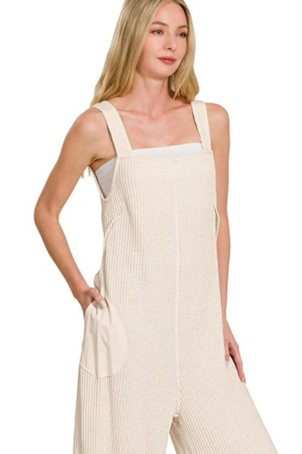 Zenana Sand Beige Knit Waffle Wide Leg Overalls