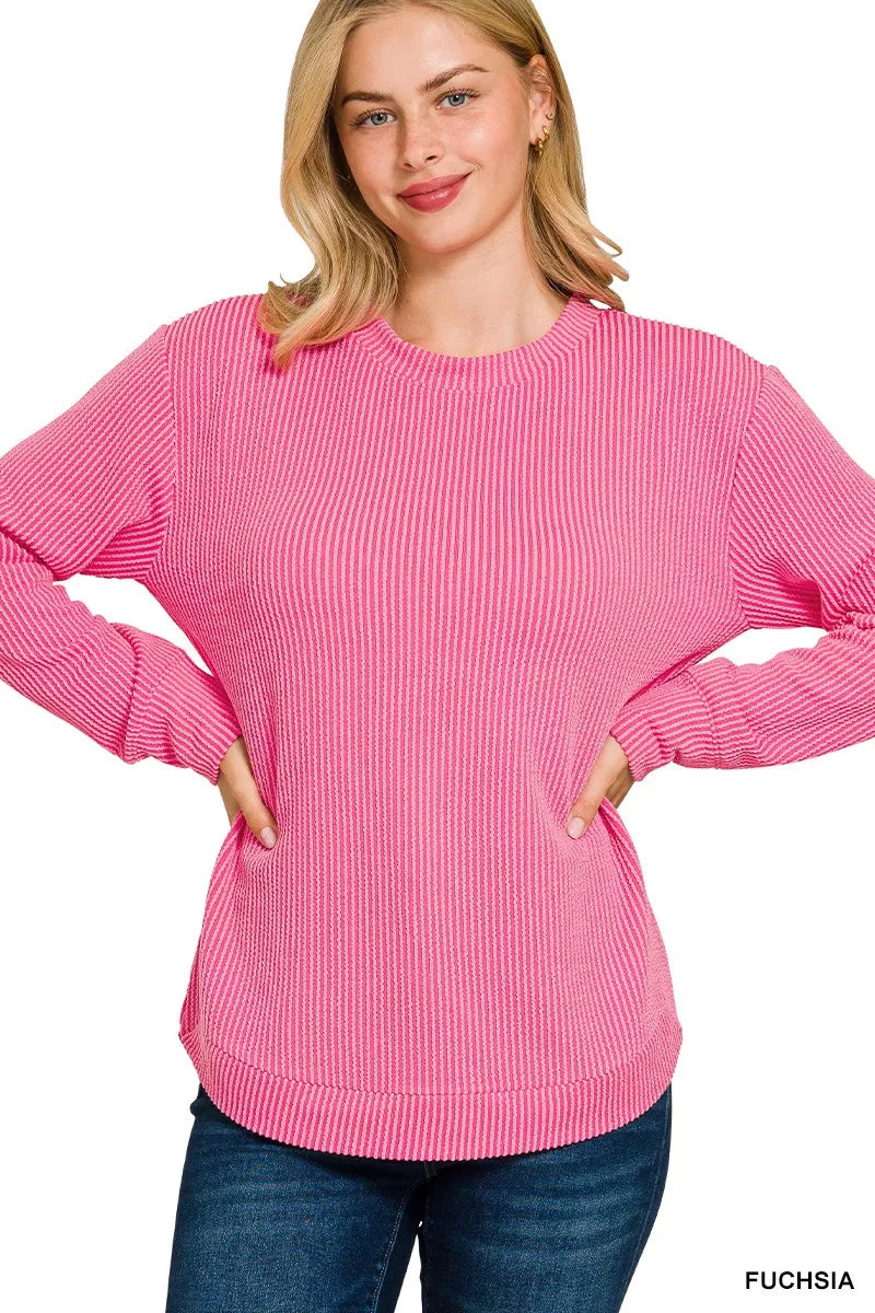 Zenana Fuchsia Raised Rib Round Neck Long Sleeve Top