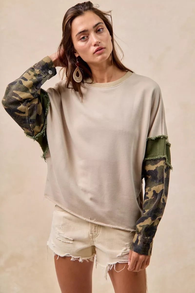 BiBi Taupe & Olive Camo Sleeve French Terry Top with Frayed Edge