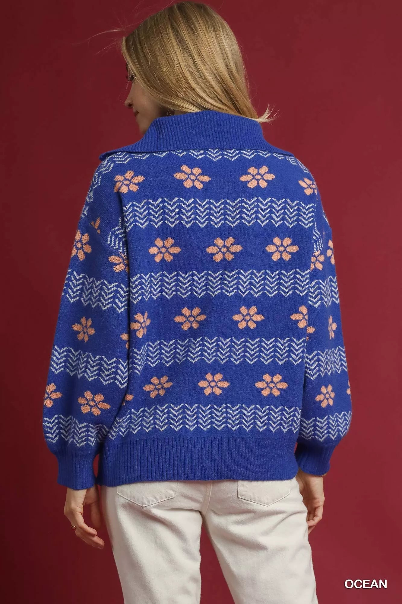 Umgee Ocean Floral Patterned Jacquard Quarter-Zip Pullover Sweater