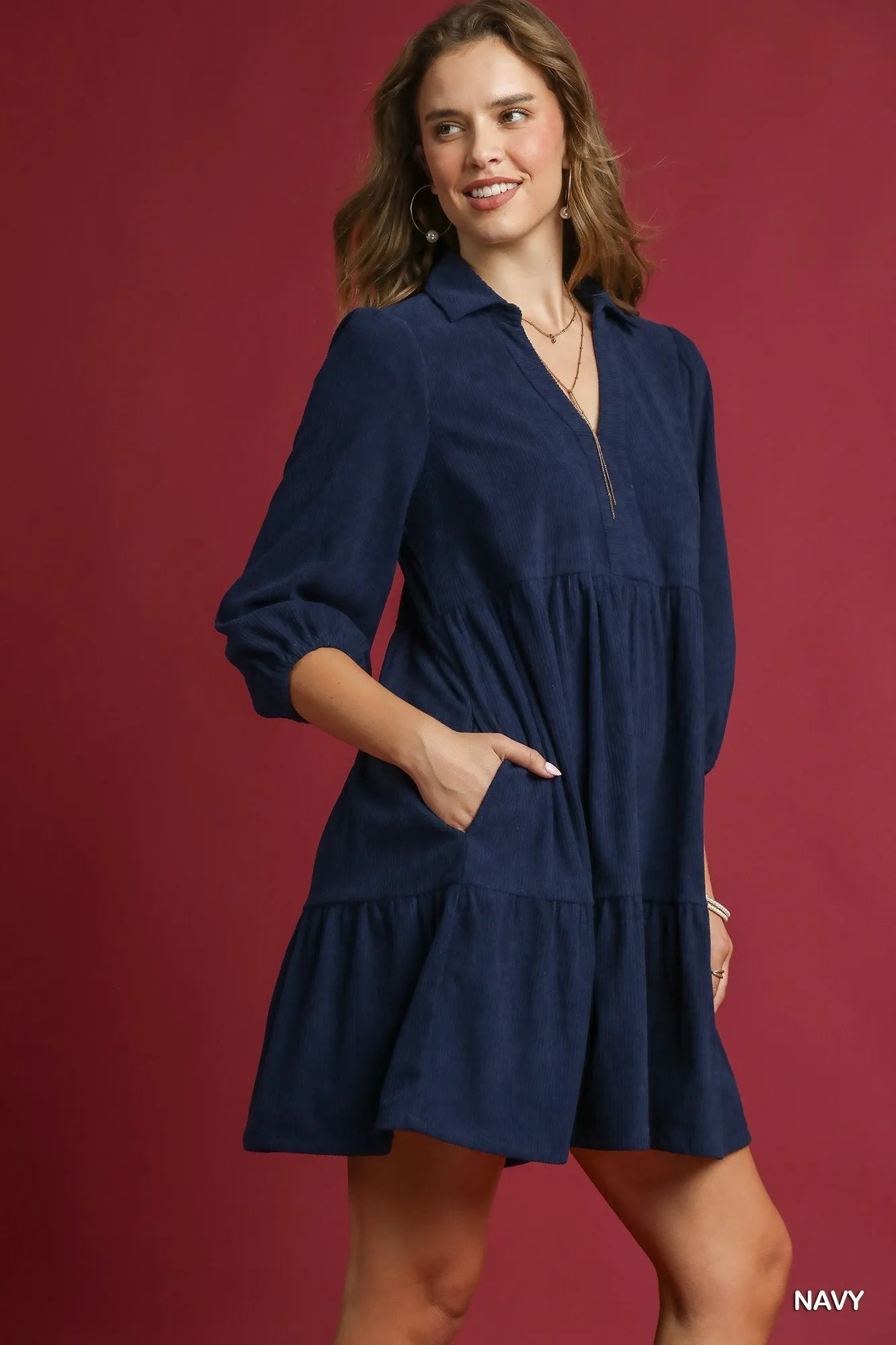 Umgee Navy Tiered Corduroy Mini Dress with Balloon Sleeves