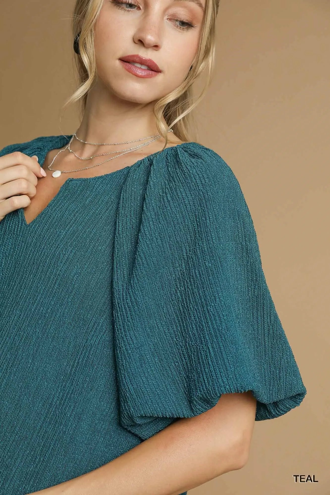 Umgee Teal Textured Flutter Sleeve Notch Neck Top