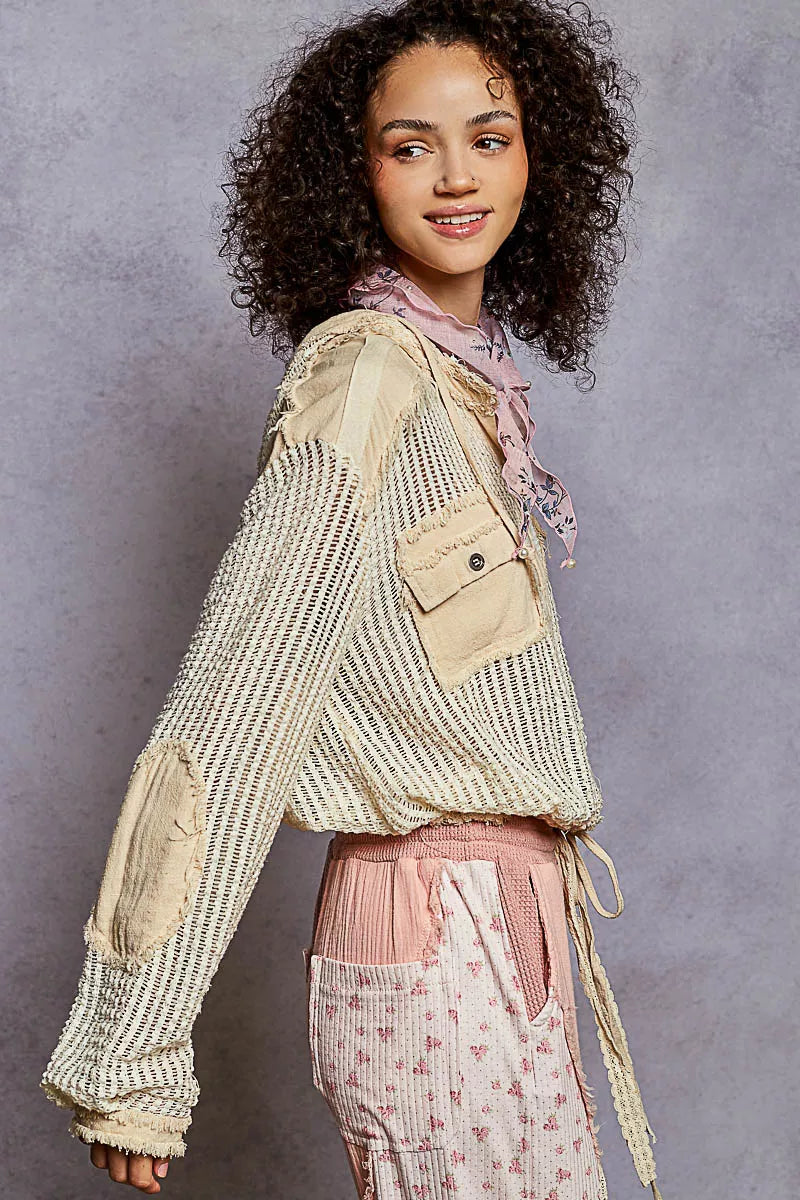 POL Cream Multi Texture Woven Button Down Hooded Shirt with Drawstring Hem