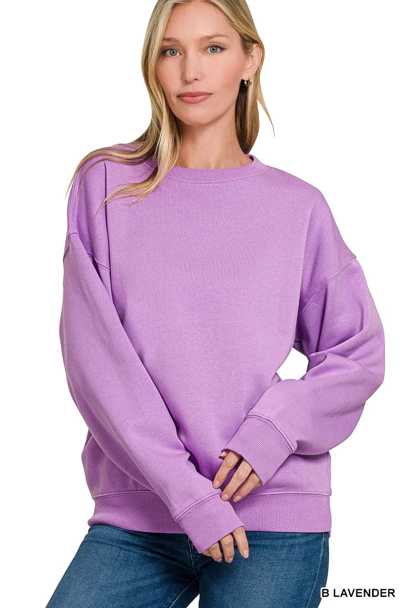 Zenana Bright Lavender Fleece Crewneck Long Sleeve Sweatshirt B LAVENDER