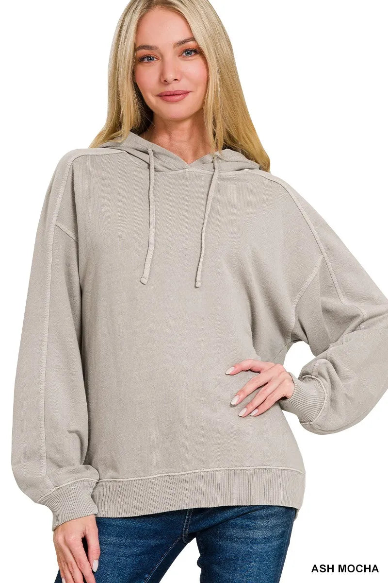 Zenana Ash Mocha French Terry Pigment Dye & Enzyme Washing Hoodie