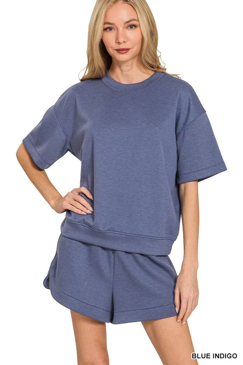 Zenana Blue Indigo Scuba Short Sleeve Top & Shorts Set BLUE INDIGO