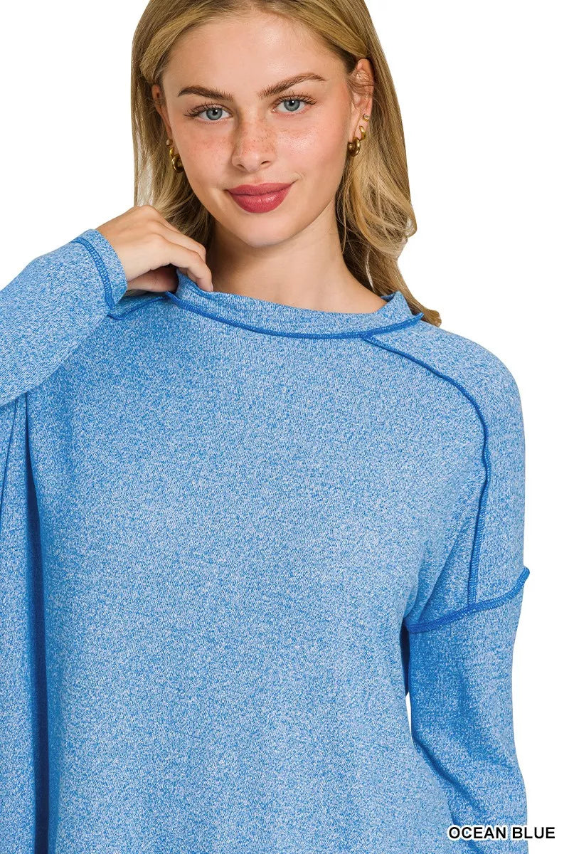 Zenana Ocean Blue Melange Hacci Exposed Seam Hi-low Top