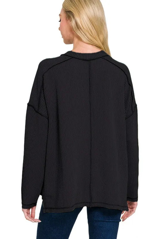 Zenana Black Exposed Seam Long Sleeve Corded Rib Knit Top