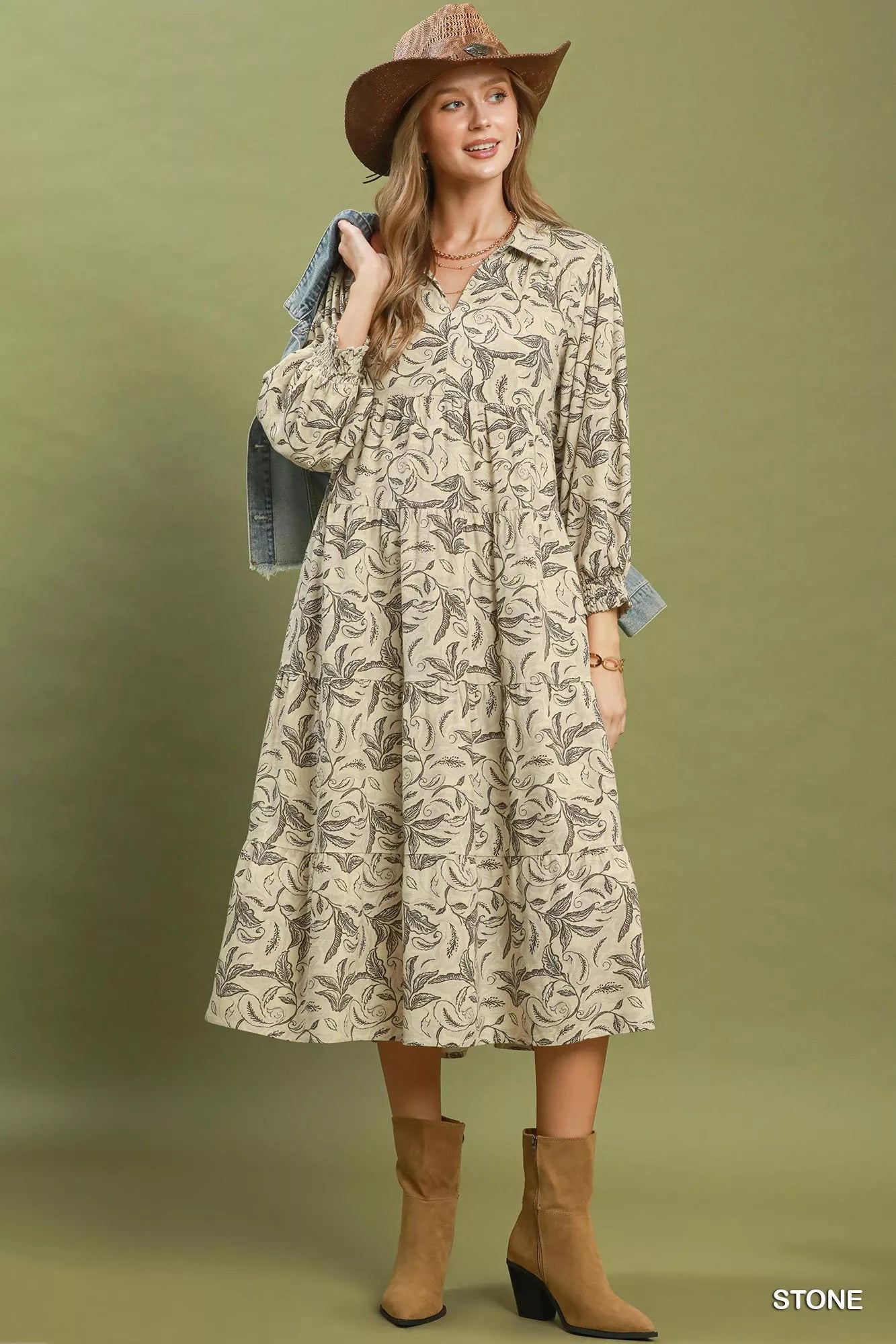 Umgee Stone Linen Botanical Print Tiered Midi Dress