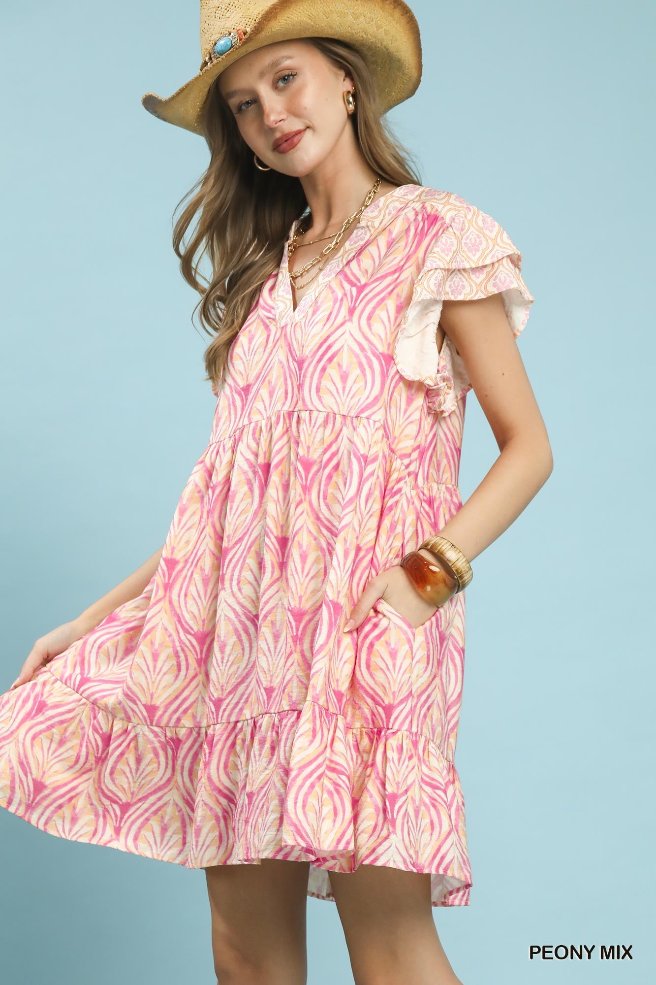 Umgee Peony Pink Mix Printed Flutter Sleeve Dress