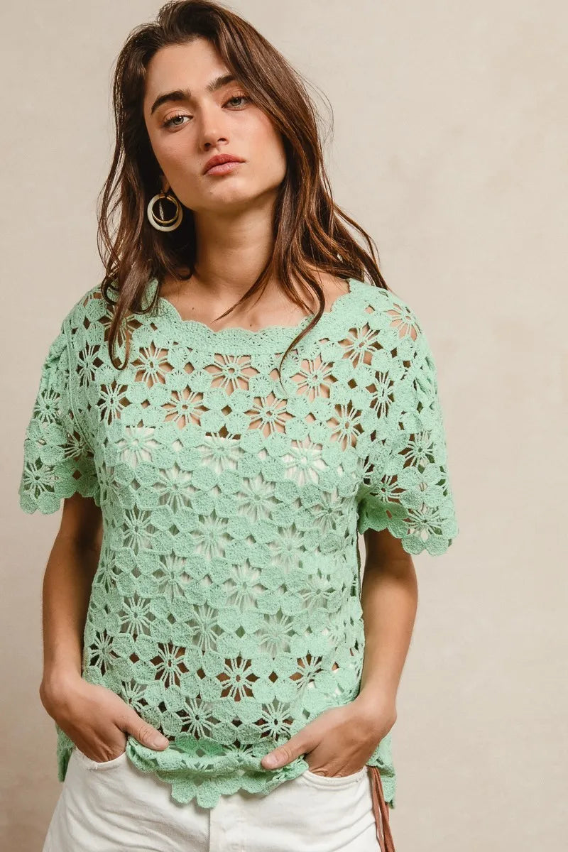 BiBi Light Green Openwork Crochet Short Sleeve Knit Top