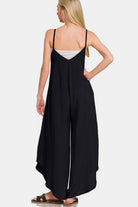 Zenana Black Spaghetti Strap Wide Leg Challis Jumper with Pockets Jumpsuits & Rompers