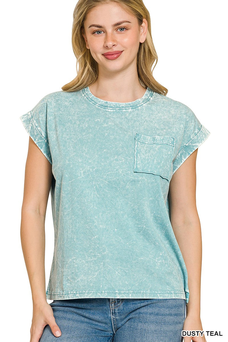 Zenana Dusty Teal Crinkle Washed Round Neck Folded Short Sleeve Tee DUSTY TEAL