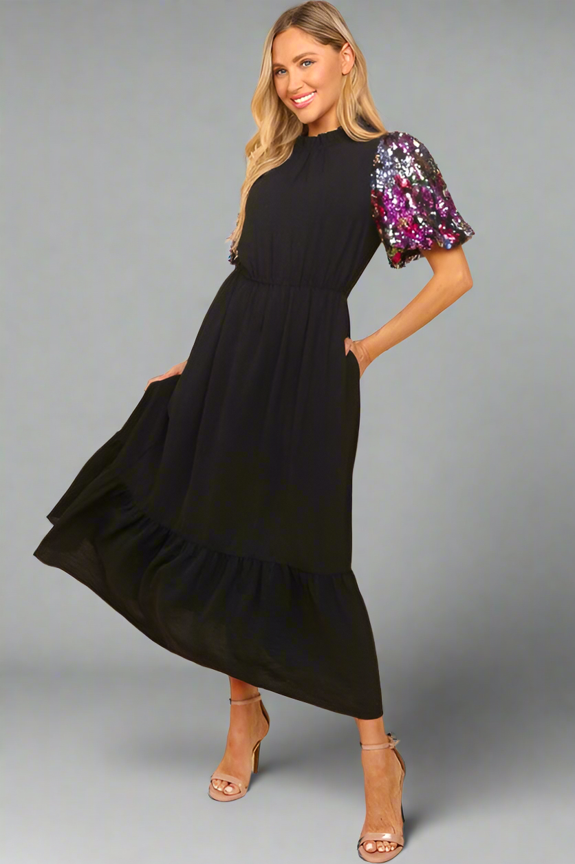 Haptics Black Floral Sequin Puff Sleeve Mock Neck Tiered Maxi Dress Dresses
