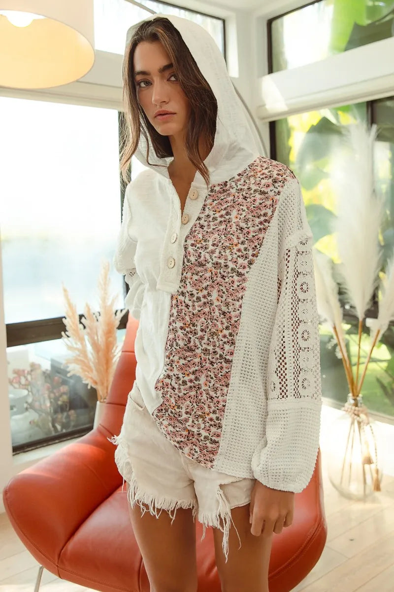 BiBi Ivory Slub Jersey with Lace Combo Buttoned Hoodie Top IVORY
