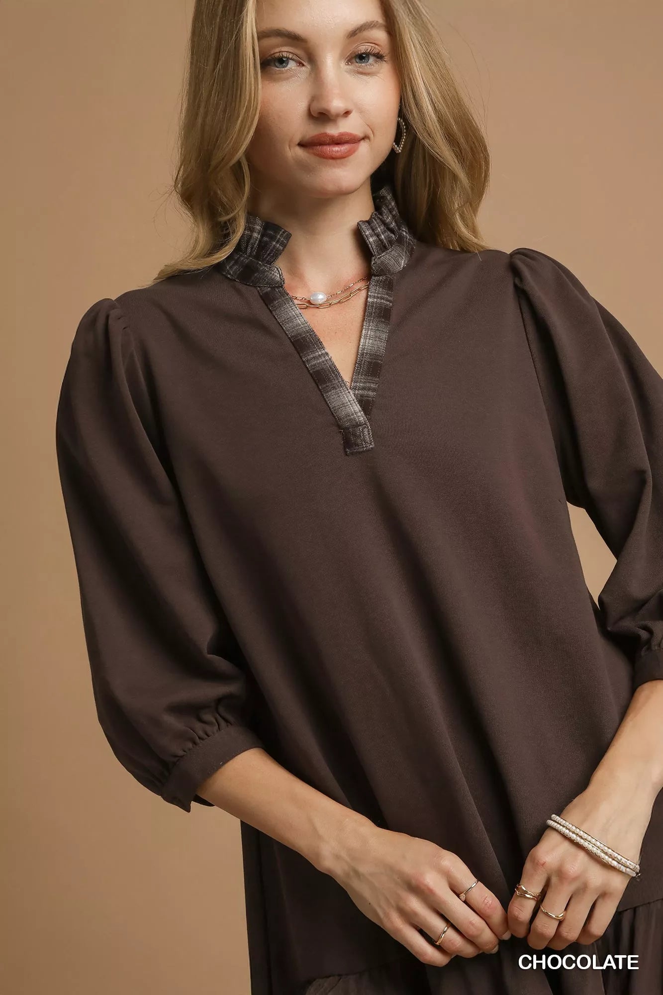 Umgee Chocolate French Terry Ruffle Hem Dress with Plaid Trim