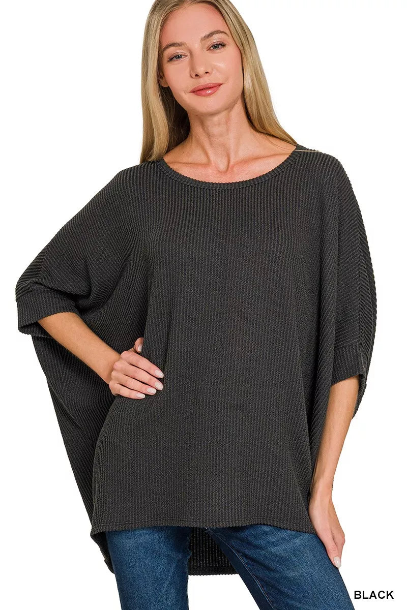 Zenana Black Raised Rib Bat Sleeve Top BLACK
