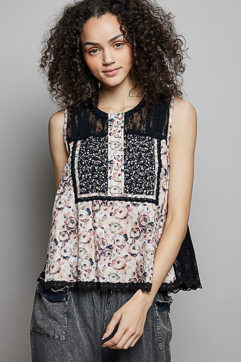POL Black Printed Woven Lace Back Round Neck Sleeveless Top