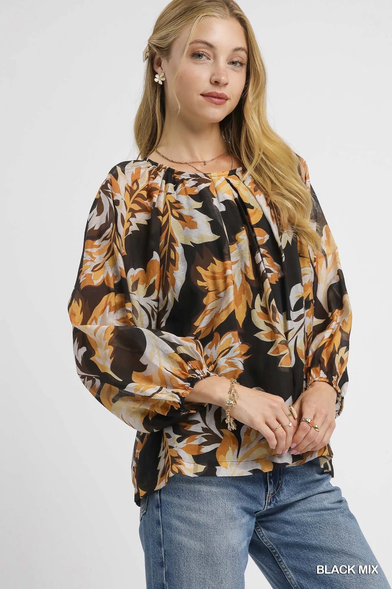 Umgee Black Mix Abstract Print Balloon Sleeve Blouse