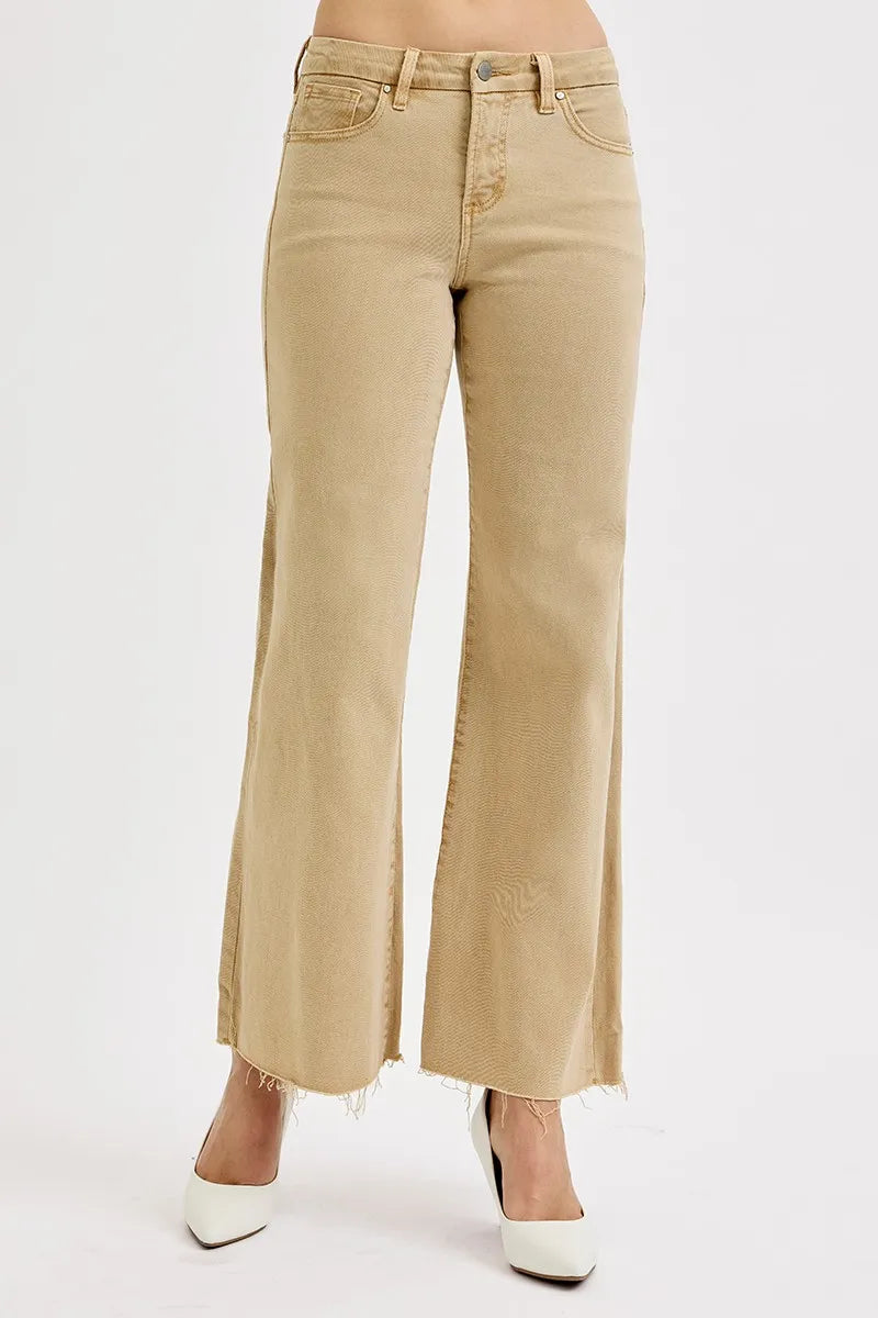 RISEN Tan Tummy Control Raw Hem Wide Leg Jeans Tan