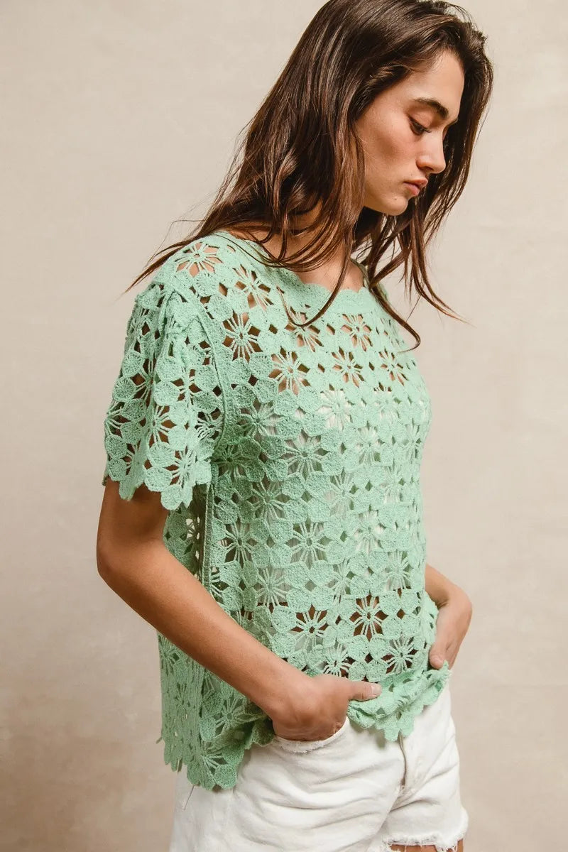 BiBi Light Green Openwork Crochet Short Sleeve Knit Top