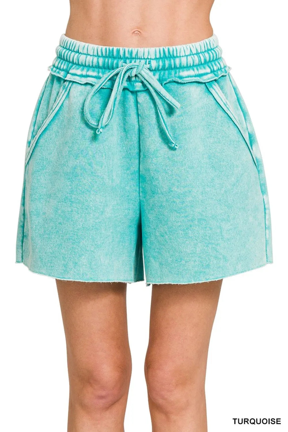 Zenana Turquoise Acid Wash Fleece Drawstring Shorts With Pockets TURQUOISE