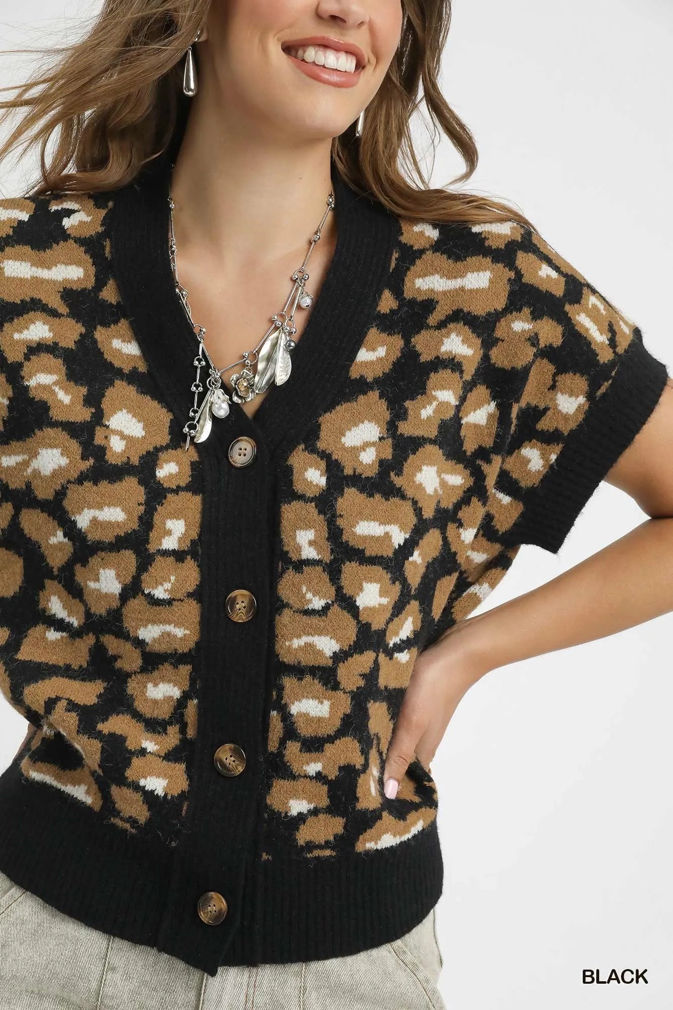 Umgee Black Leopard Button Down Short Sleeve Cardigan