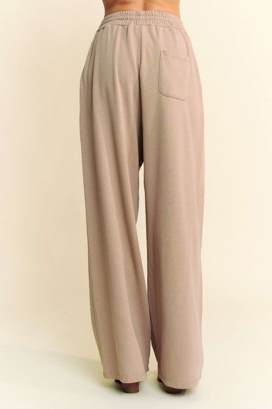 Davi & Dani Tan Rhinestone Drawstring Wide Leg Pants Pants