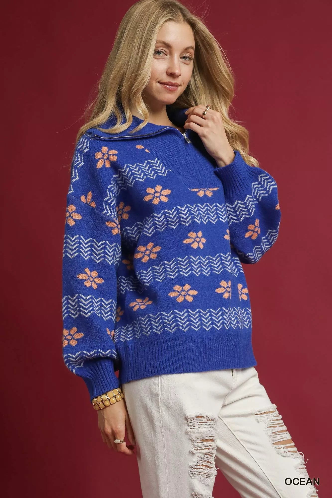 Umgee Ocean Floral Patterned Jacquard Quarter-Zip Pullover Sweater