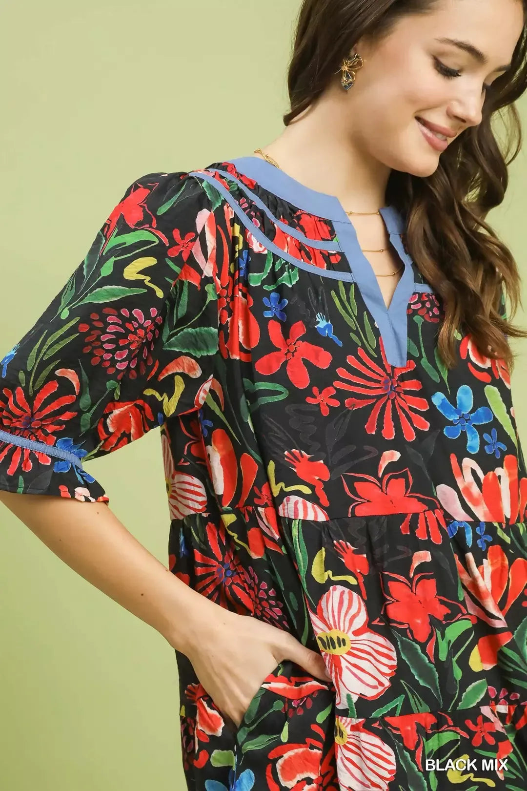 Umgee Black Mix Floral Tiered Puff Sleeve Dress