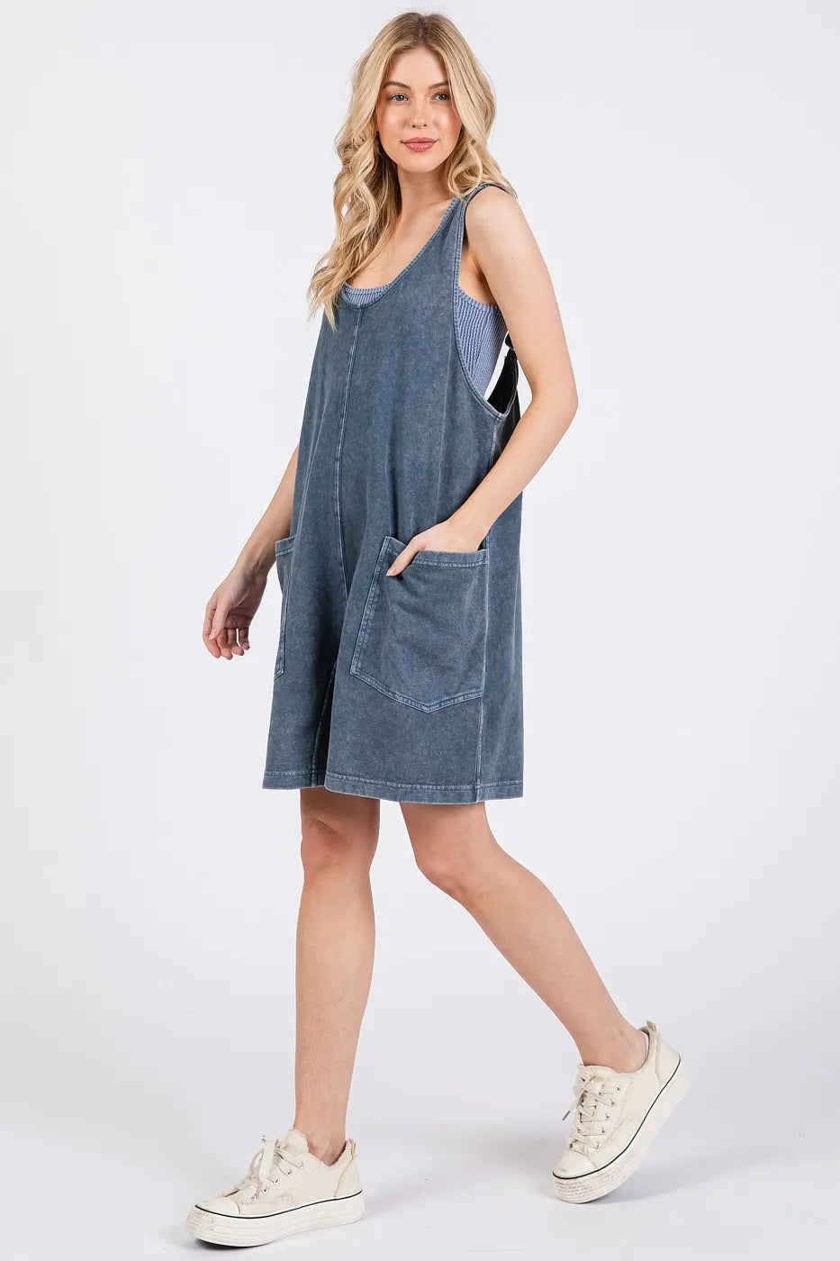 Mittoshop Navy Low Scoop Neck Tank Washed French Terry Romper